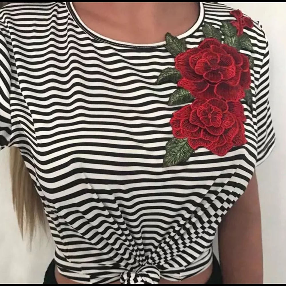 Black & White Striped Crop Tee with Red Floral Applique